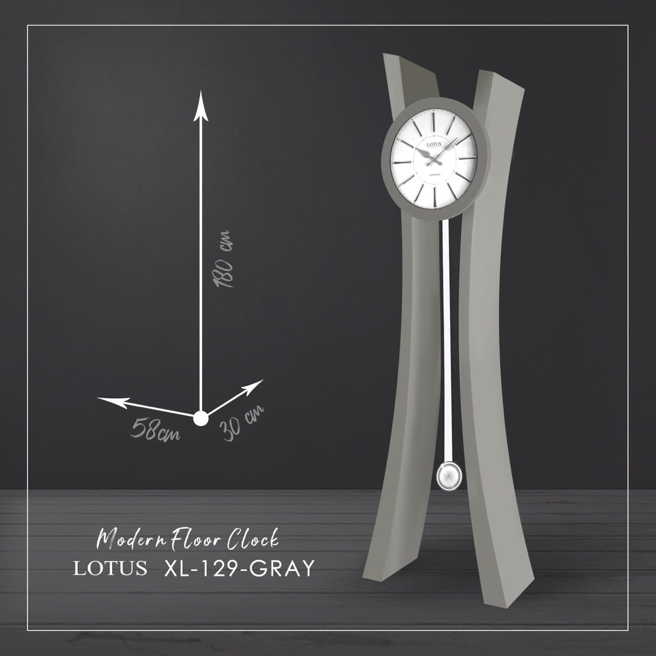 LOTUS لوتوس ساعت ایستاده مدرن چوبی مدل کلوش طوسی MFC-129-GRAY