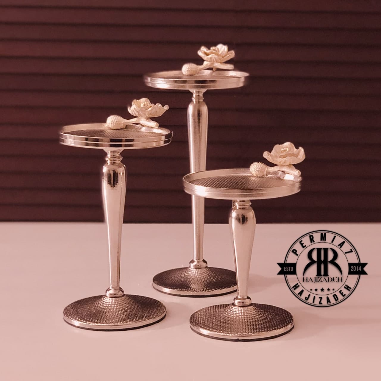 RAFI رافی دکوراتیو الیاژ  نقره ای جا شمعی 3 سایزی گلدار  SILVER-200291