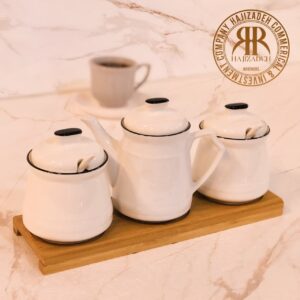 MARKET مارکت ست جا ادویه  و روغن ریز کف چوبی چینی لب مشکی  7630