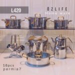 OZ LIFE اوز لایف سرویس قابلمه 18 پارچه استیل نقره ای دسته طلایی  L-420