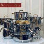 OZ LIFE اوز لایف سرویس قابلمه 18 پارچه استیل نقره ای دسته طلایی  L-420