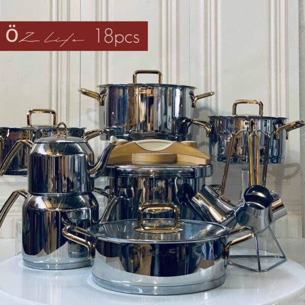 OZ LIFE اوز لایف سرویس قابلمه 18 پارچه استیل نقره ای دسته طلایی  L-420