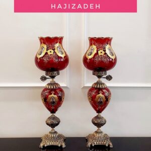چراغ جفتی لاله اشرافی پایه انتیک قرمز 14407