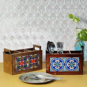 جا قاشقی 3 خانه دسته دار چوب کاشی 14634