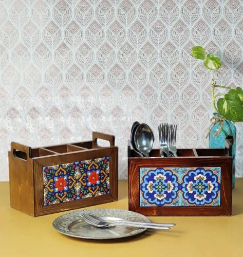 جا قاشقی 3 خانه دسته دار چوب کاشی 14634