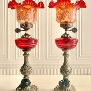 چراغ جفتی لاله لب چین پایه انتیک قرمز  14258