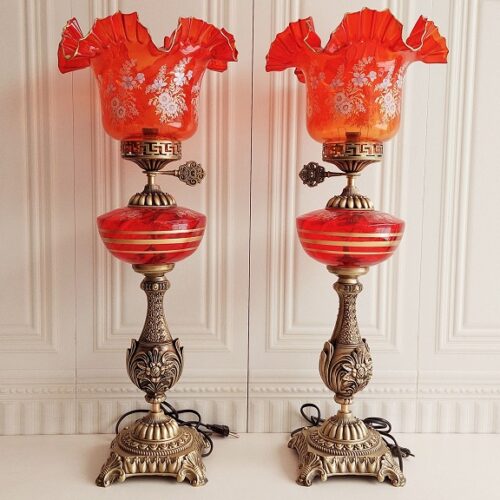 چراغ جفتی لاله لب چین پایه انتیک قرمز  14258