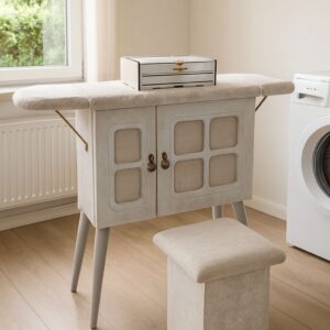 PARDISپردیس میز اتو و چرخ خیاطی  2 درب لپتابی پایه متحرک طوسی با صندلی لولایی 145- 13774