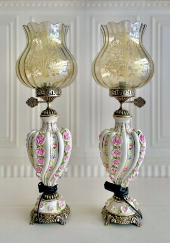 چراغ جفتی طرح فرانسوی گل برجسته صورتی 14813