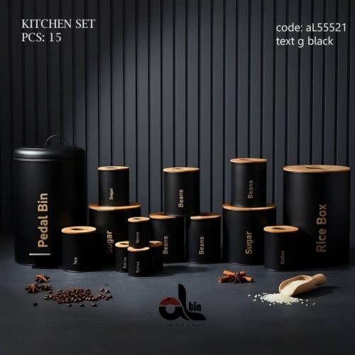 التین سرویس اشپزخانه 15 پارچه درب چوبی تکست مشکی طلایی 55521