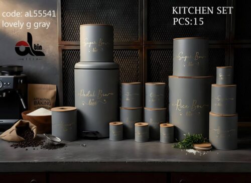 التین سرویس اشپزخانه 15 پارچه درب چوبی لاولی طوسی طلایی 55541