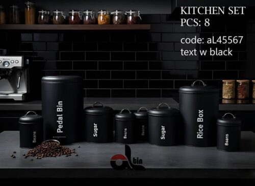 التین سرویس اشپزخانه 8 پارچه درب فلزی تکست مشکی نقره ای 45567