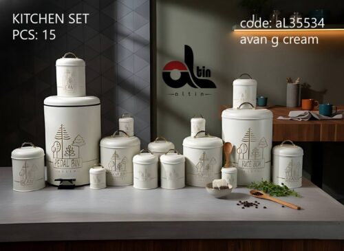 التین سرویس اشپزخانه 15 پارچه درب فلزی اوان کرم طلایی 35534