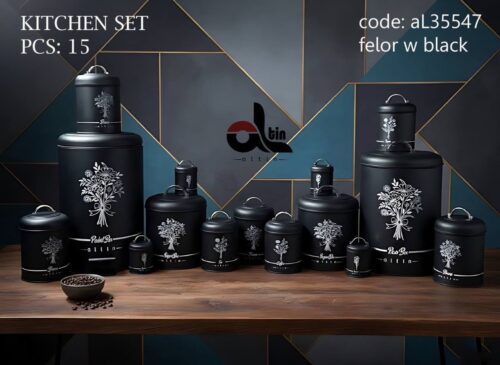 التین سرویس اشپزخانه 15 پارچه درب فلزی فلور مشکی سفید 35547