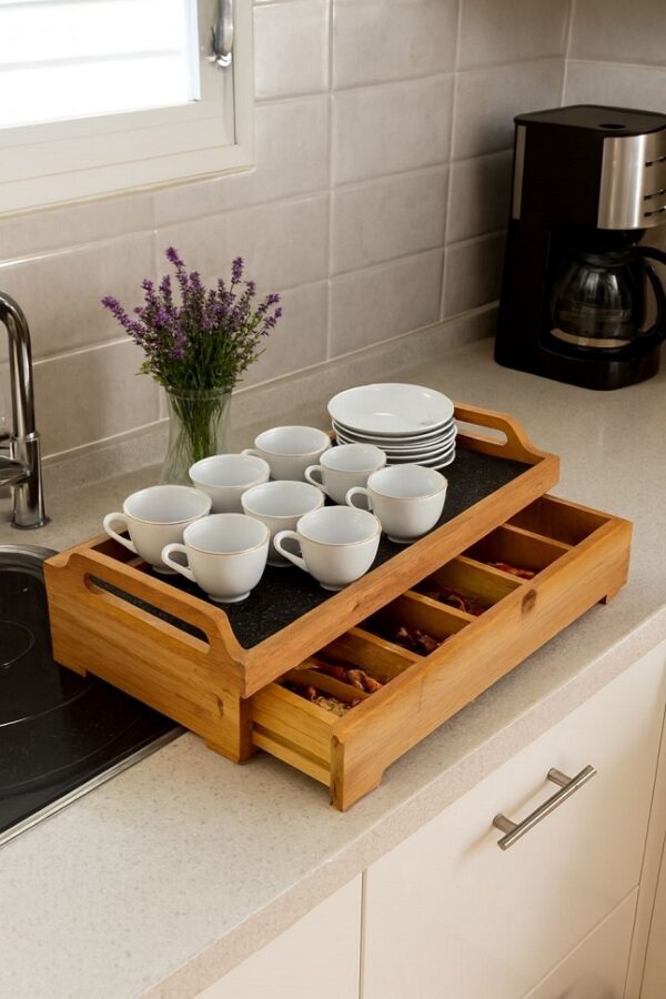 دوات سینی چوبی کشودار 5 خانه کف چرم 14852