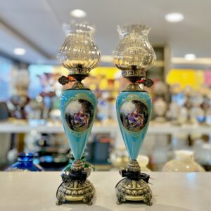 زنگنه  شمعدان جفتی فرانسوی مدل کله قندی کوچک فیروزه ای