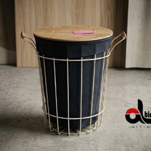 عروس نوین  سبد لباس چرک فلزی درب چوب گرد کوچک کرم AROOS-5549