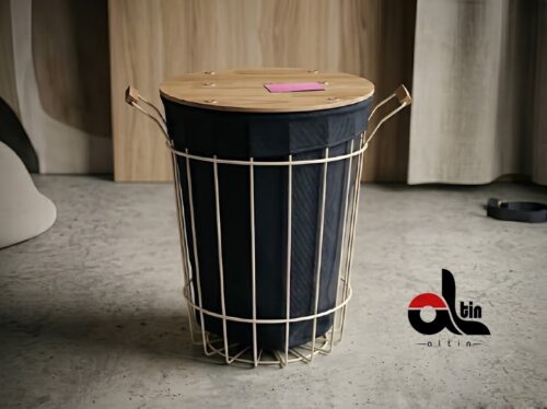 عروس نوین  سبد لباس چرک فلزی درب چوب گرد کوچک کرم AROOS-5549