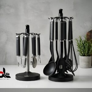 PERANS پرنس  ست ابزار و کفگیر ملاقه نقره ای دسته مشکی abs 5505