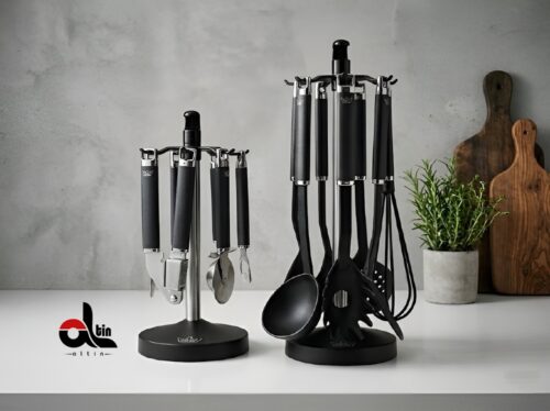 PERANS پرنس  ست ابزار و کفگیر ملاقه نقره ای دسته مشکی abs 5505
