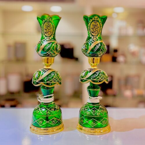 زنگنه شمعدان جفتی لاله عباسی مذهبی سایز کوچک سبز 15473